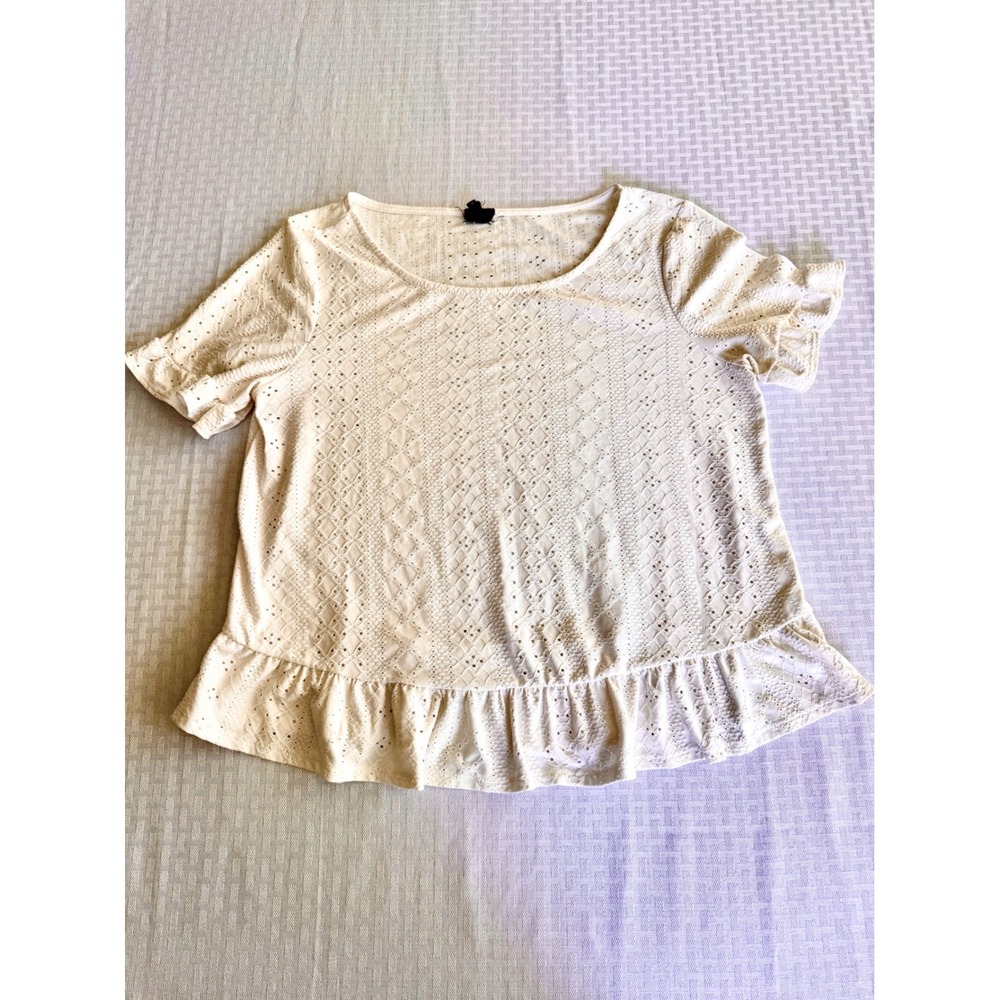 W5 Womens Cream Eyelet‎ Lace Peplum Top Short Sleeve Boho Ruffle Size M 23046ASP